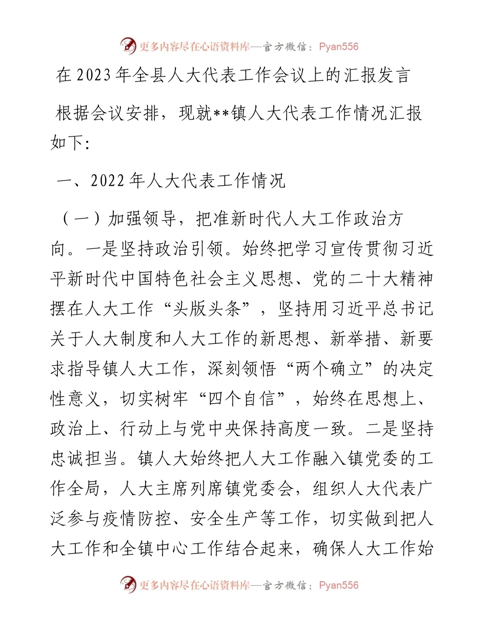 20230313：在2023年全县人大代表工作会议上的汇报发言.docx_第1页