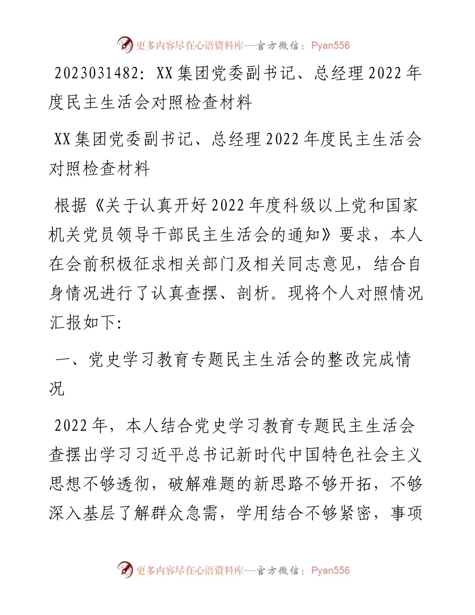 20230315：XX集团党委副书记、总经理度民主生活会对照检查材料.docx_第1页