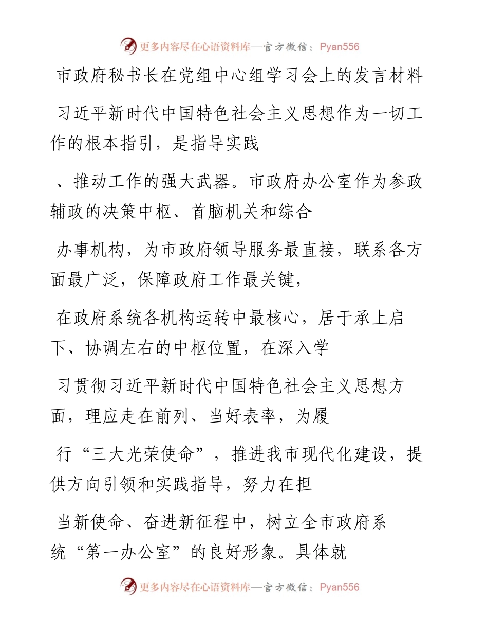 20230410：市政府秘书长在党组中心组学习会上的发言材料.docx_第1页
