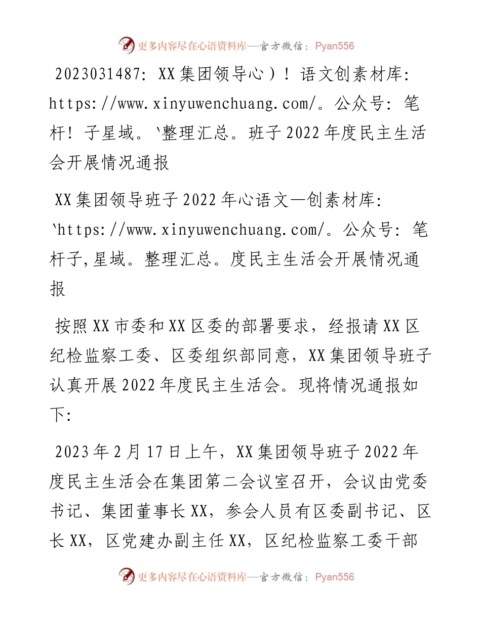 20230315：XX集团领导班子度民主生活会开展情况通报.docx_第1页