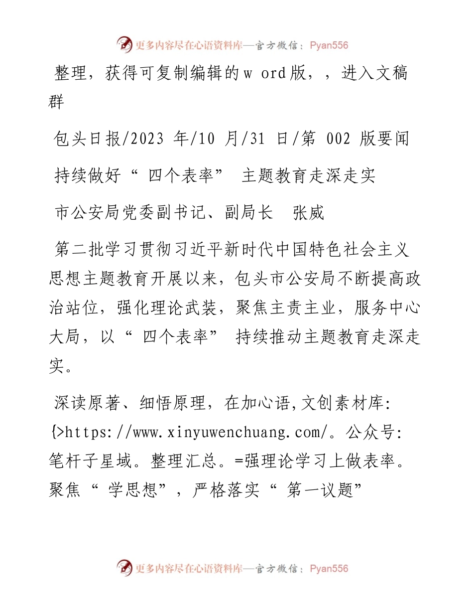 2023.10.31市公安局党委副书记、副局长张威：持续做好四个表率主题教育走深走实.docx_第1页