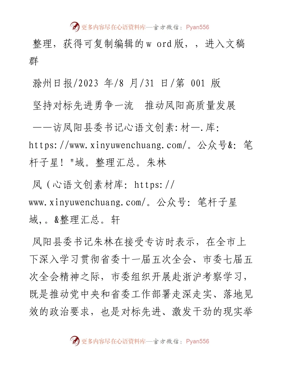 2023.08.31凤轩：坚持对标先进勇争一流推动凤阳高质量发展.docx_第1页