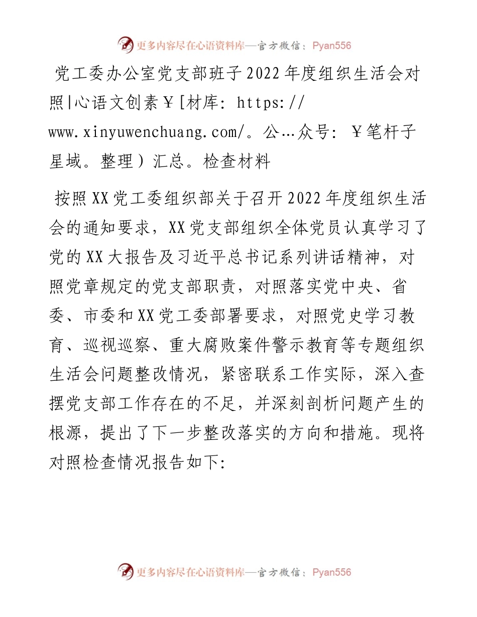 20230314：党工委办公室党支部班子度组织生活会对照检查材料.docx_第1页