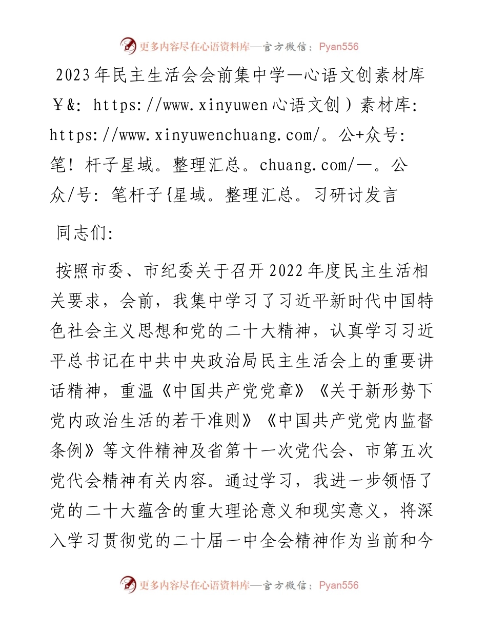2023年民主生活会会前集中学习研讨发言.docx_第1页