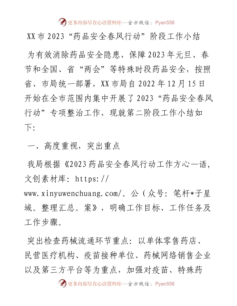 20230308：XX市2023药品安全春风行动阶段工作小结.docx_第1页