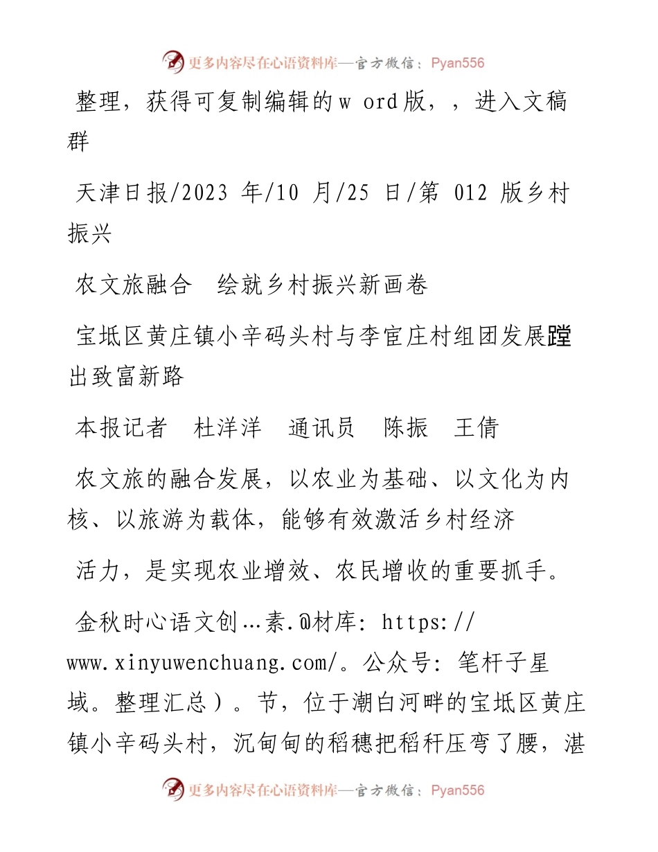 2023.10.25本报记者杜洋洋通讯员陈振王倩：农文旅融合绘就乡村振兴新画卷.docx_第1页