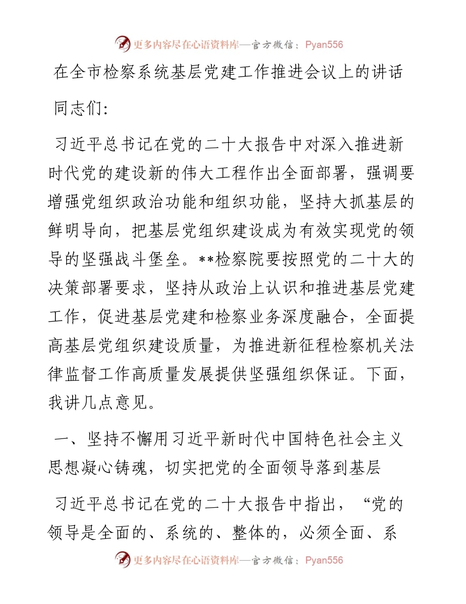 20230313：在全市检察系统基层党建工作推进会议上的讲话.docx_第1页