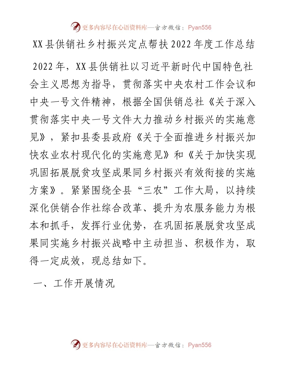 20230305：XX县供销社乡村振兴定点帮扶度工作总结.docx_第1页