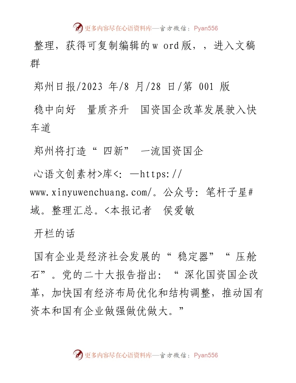 2023.08.28本报记者侯爱敏：郑州将打造四新一流国资国企.docx_第1页