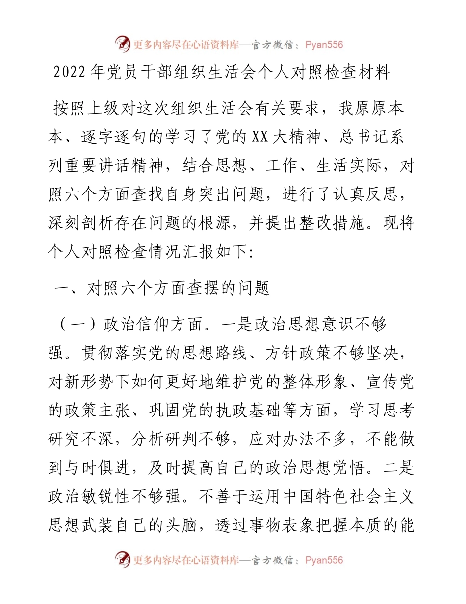 20230311：党员干部组织生活会个人对照检查材料.docx_第1页