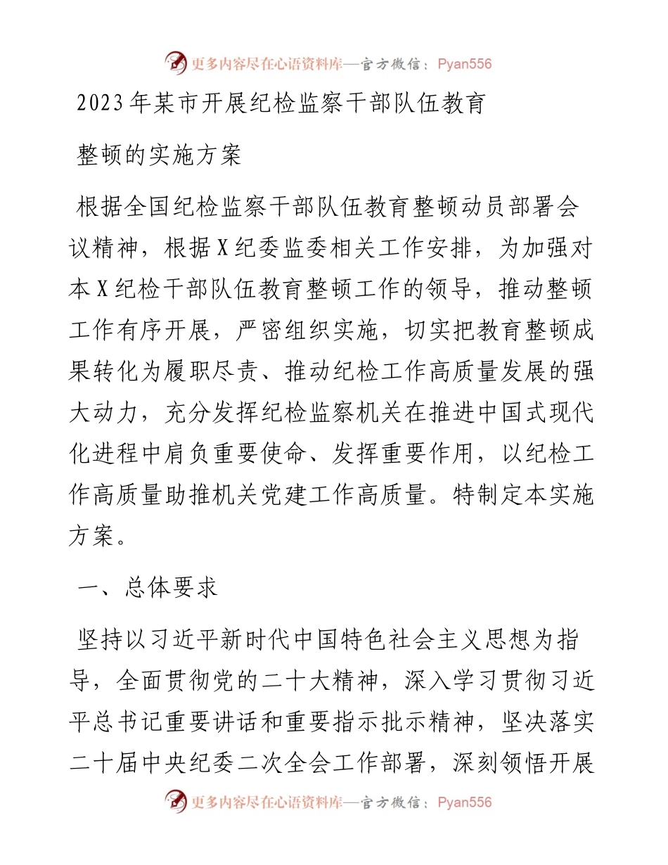 20230404：2023年某市开展纪检监察干部队伍教育整顿的实施方案.docx_第1页