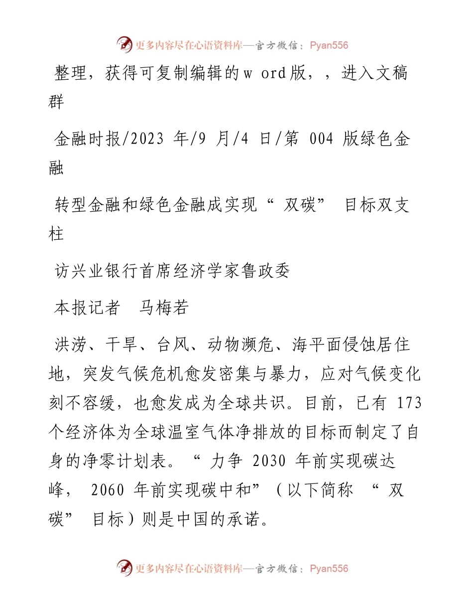 2023.09.04本报记者马梅若：转型金融和绿色金融成实现双碳目标双支柱.docx_第1页