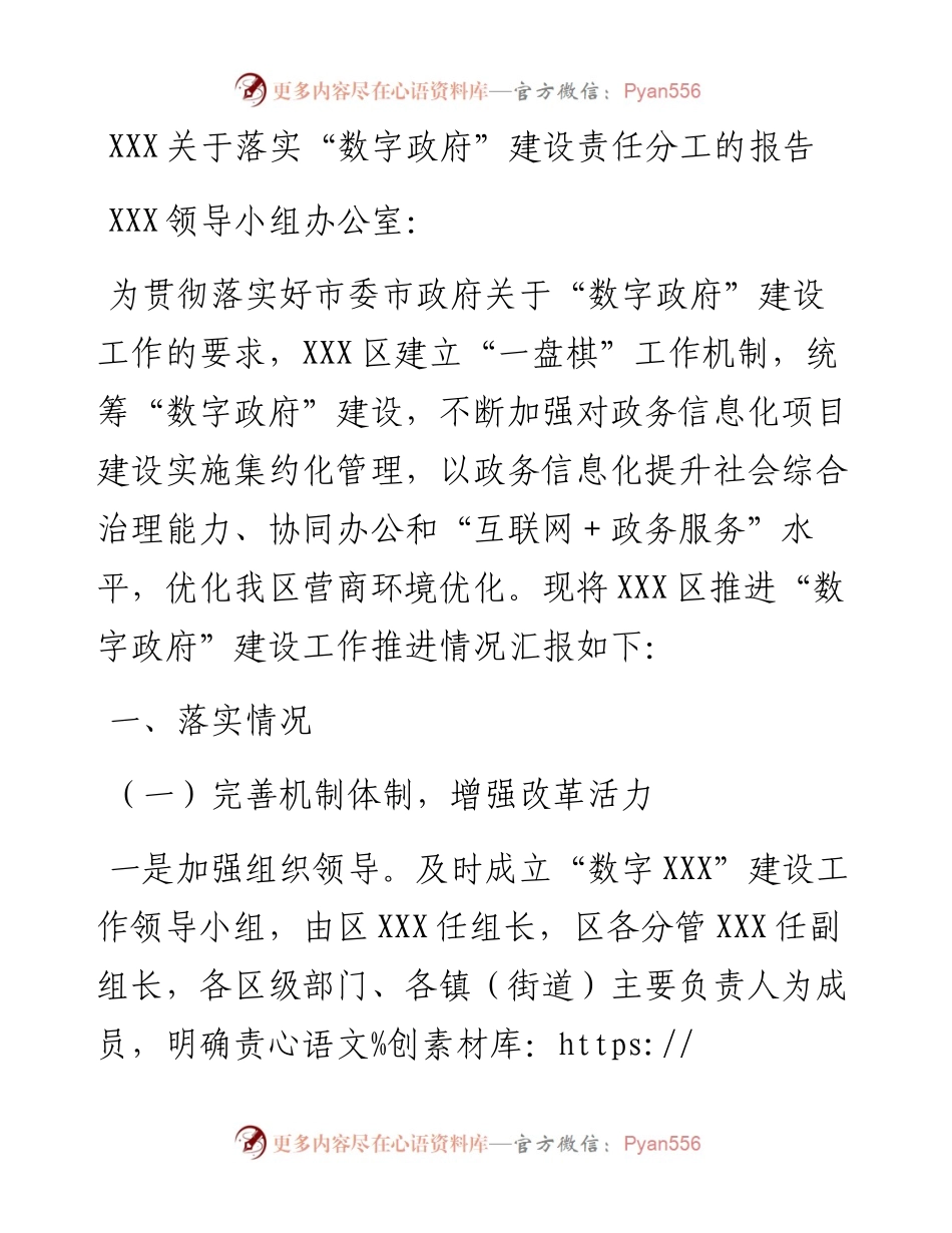 20230314：XXX关于落实数字政府建设责任分工的报告.docx_第1页