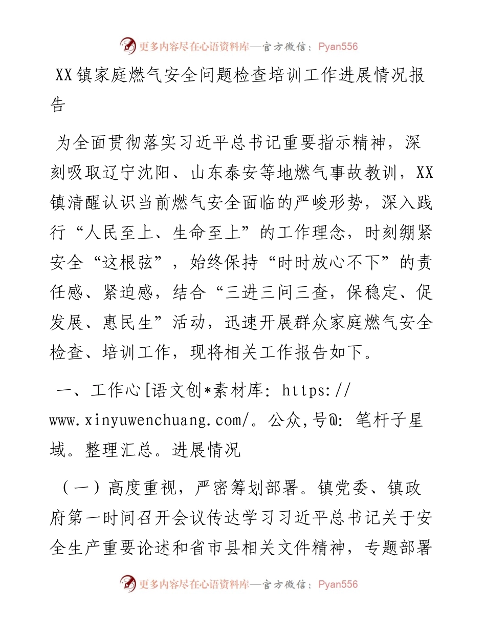20230421：XX镇家庭燃气安全问题检查培训工作进展情况报告.docx_第1页