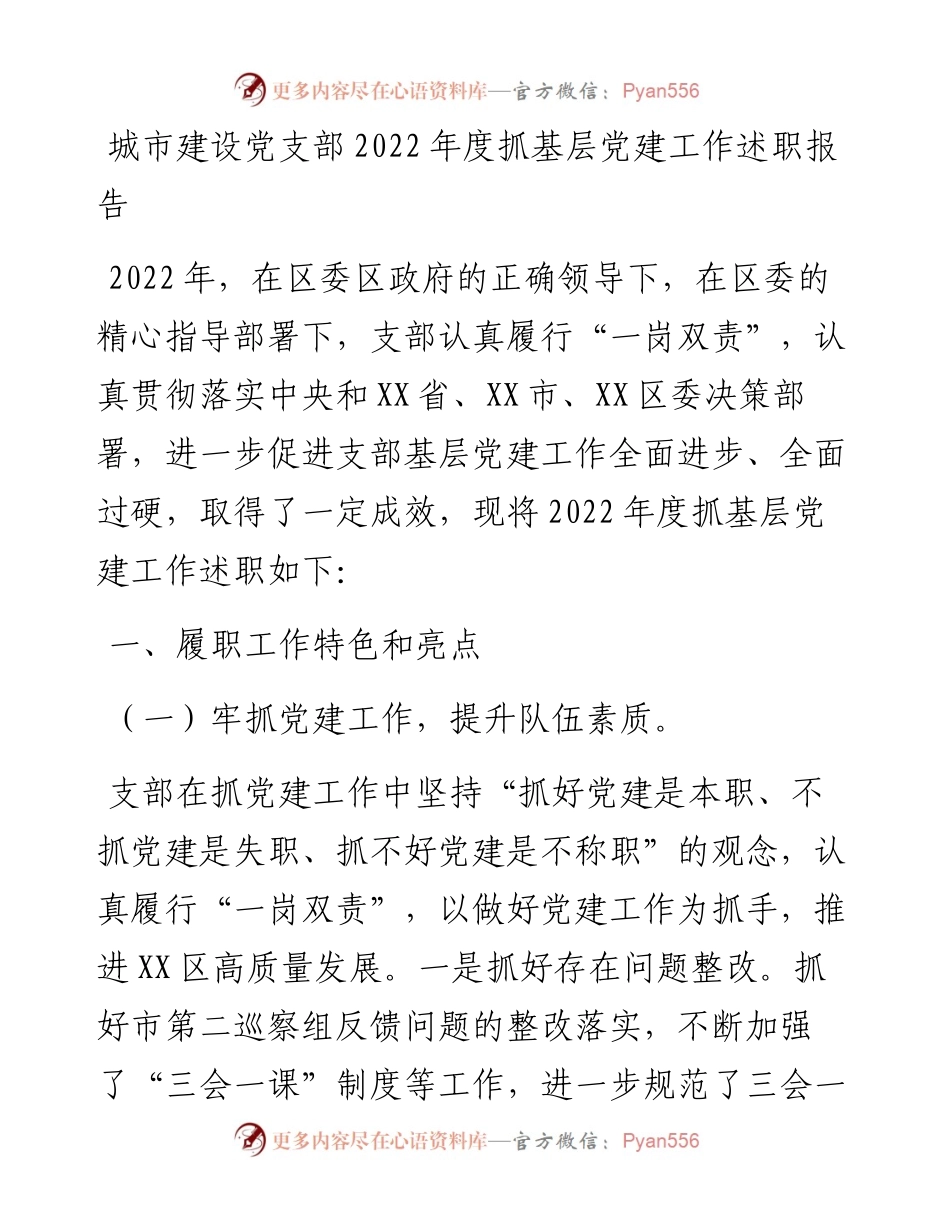 20230303：城市建设党支部度抓基层党建工作述职报告.docx_第1页