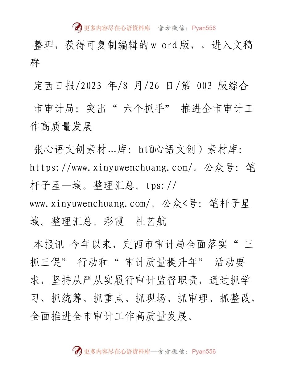 2023.08.26张彩霞杜艺航：市审计局：突出六个抓手推进全市审计工作高质量发展.docx_第1页