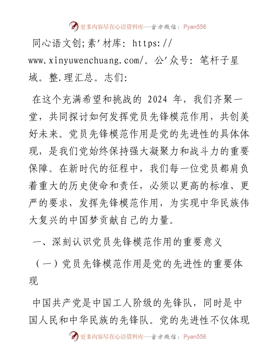 2024 党课：发挥党员先锋模范作用，共创美好未来.docx_第1页