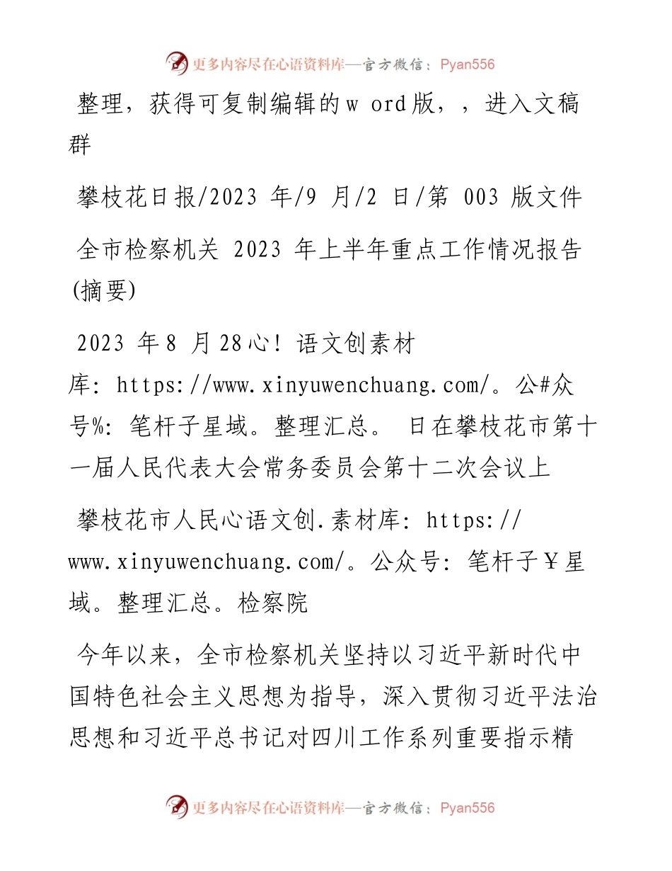 2023.09.02攀枝花市人民检察院：全市检察机关2023年上半年重点工作情况报告(摘要).docx_第1页