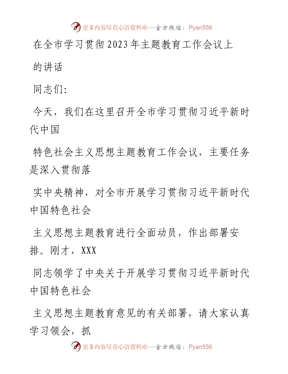 20230413：在全市学习贯彻2023年主题教育工作会议上的讲话.docx_第1页