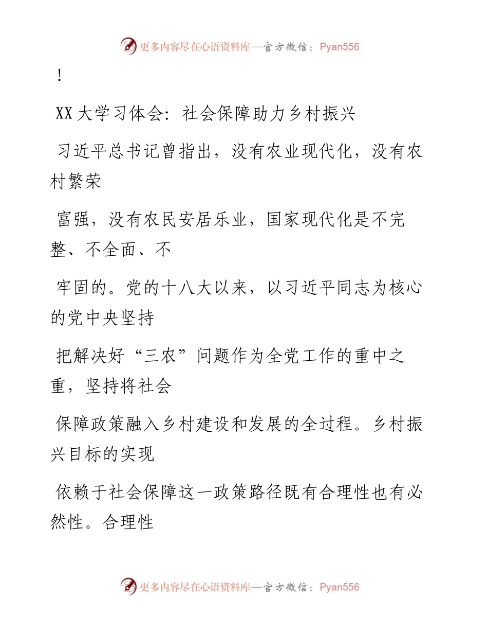 20230324：二十大学习体会：社会保障助力乡村振兴.docx_第1页