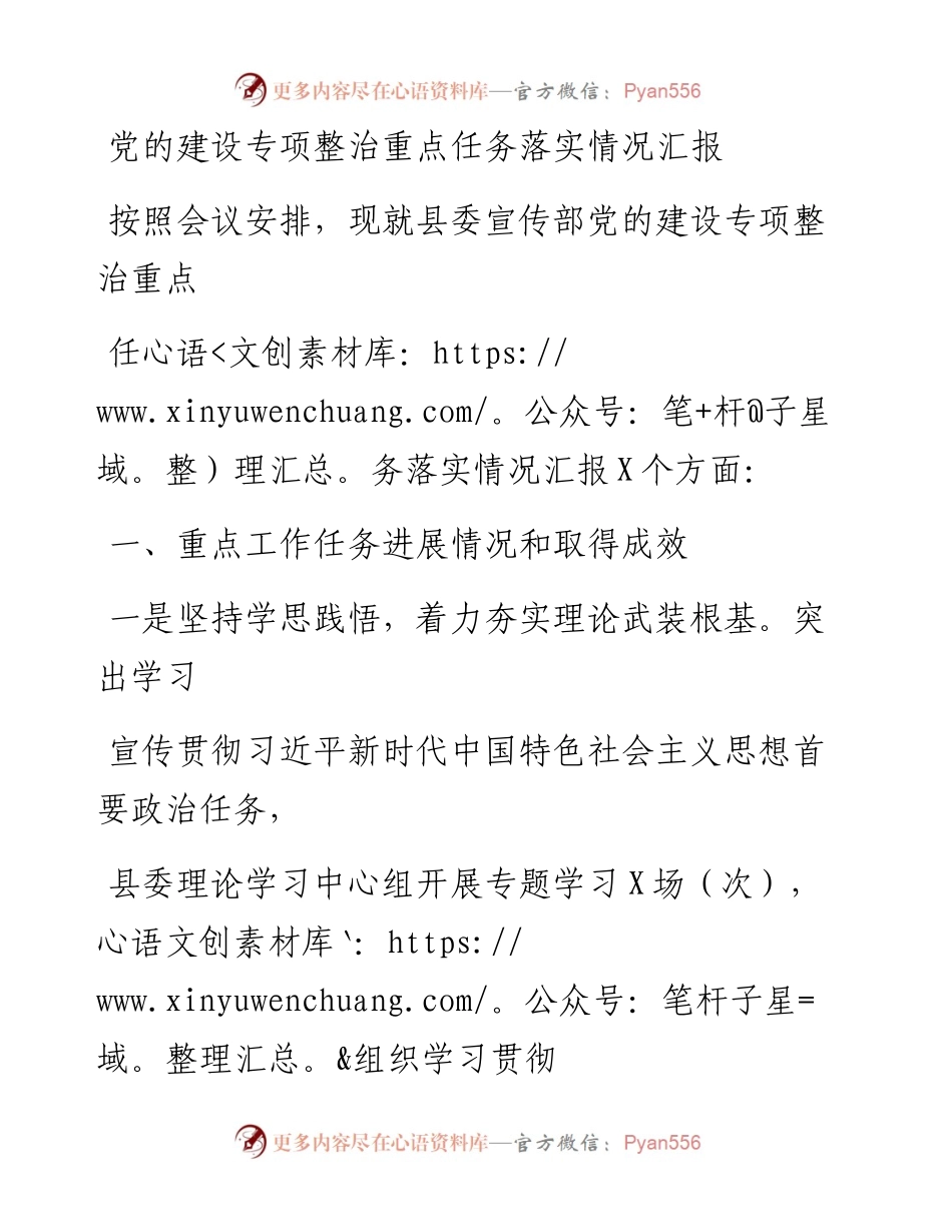 20230414：党的建设专项整治重点任务落实情况汇报(2).docx_第1页