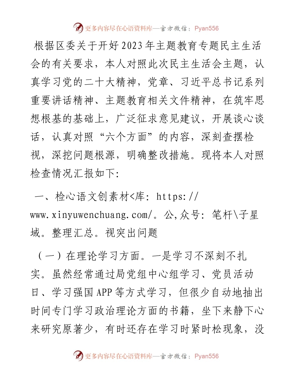 2023年主题教育专题民主生活会对照检查材料（副职）.docx_第1页