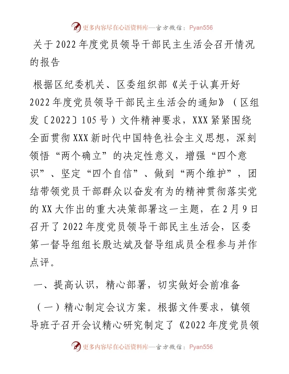 20230307：关于度党员领导干部民主生活会召开情况的报告.docx_第1页