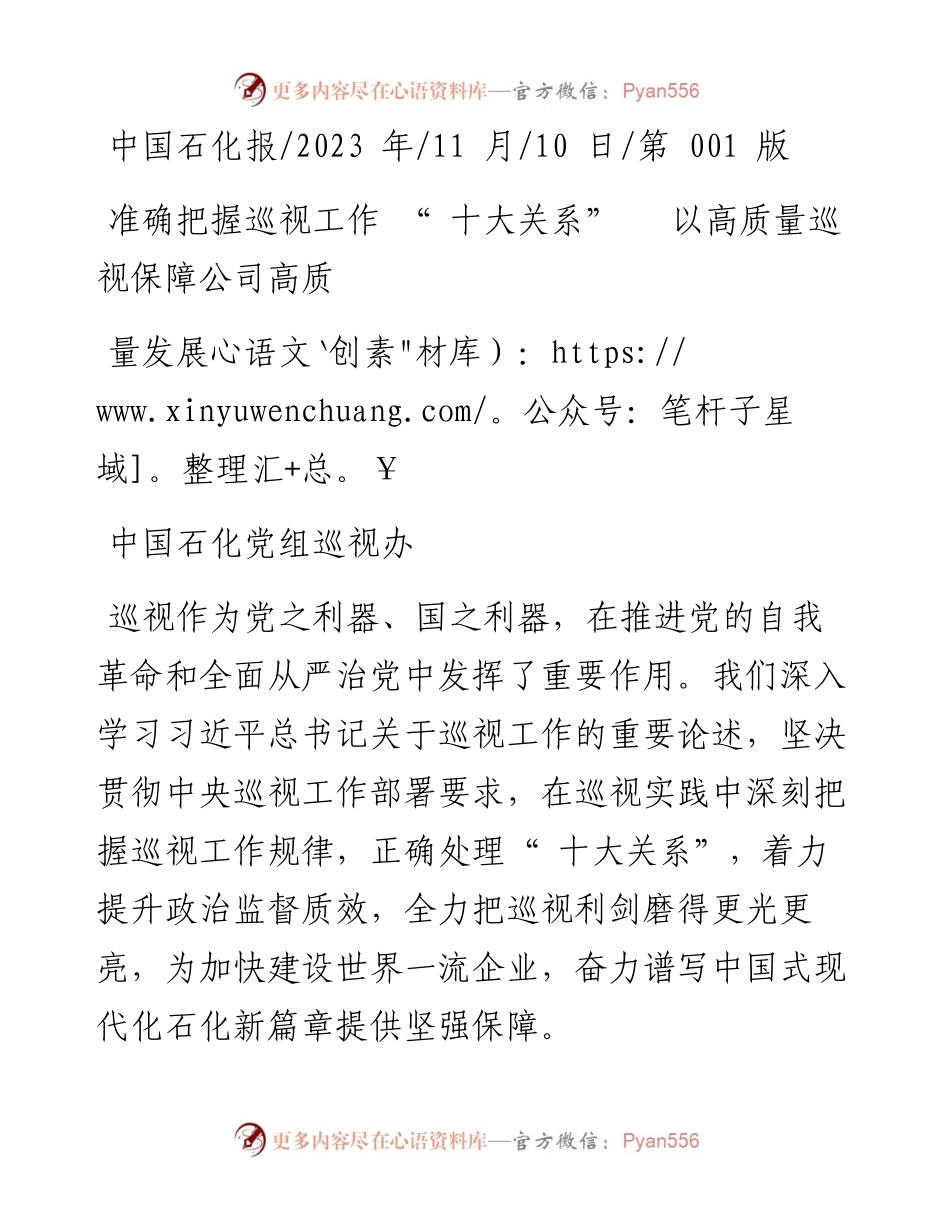 2023.11.10中国石化党组巡视办：准确把握巡视工作十大关系以高质量巡视保障公司高质量发展——“政论文微博号”整理.docx_第1页
