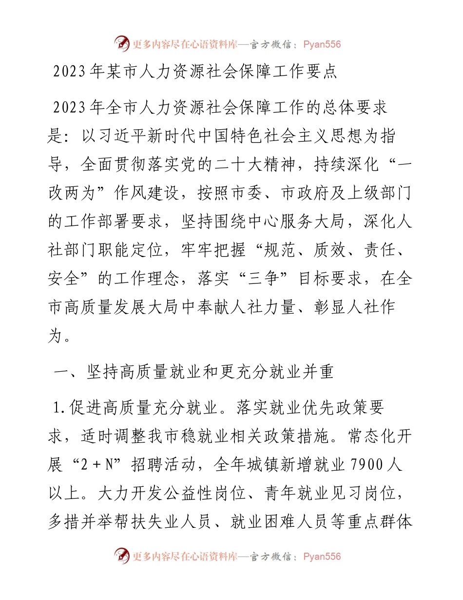 2023年某市人力资源社会保障工作要点.docx_第1页