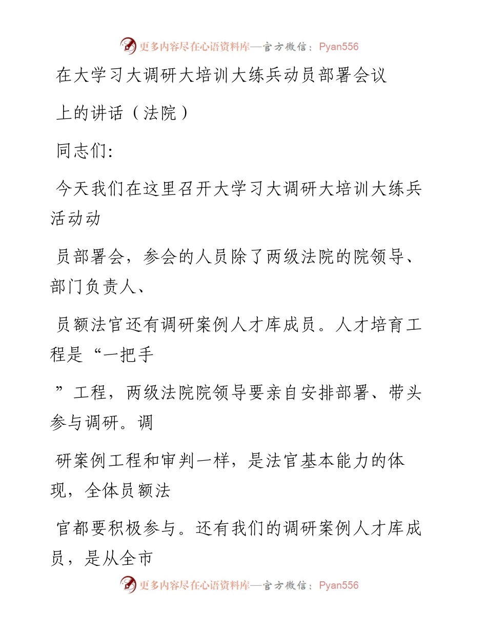 20230325：在大学习大调研大培训大练兵动员部署会议上的讲话(法院).docx_第1页