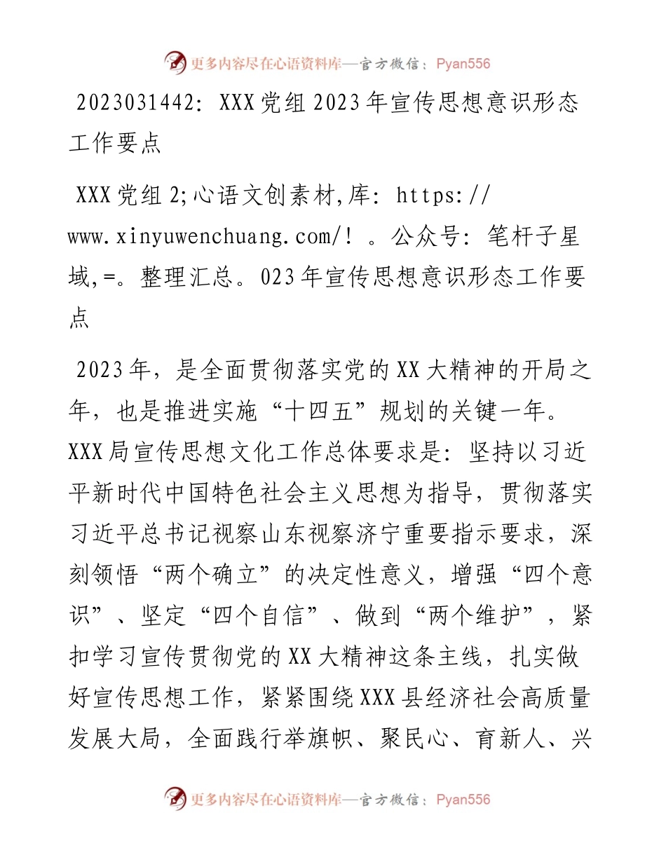 20230315：XXX党组2023年宣传思想意识形态工作要点.docx_第1页