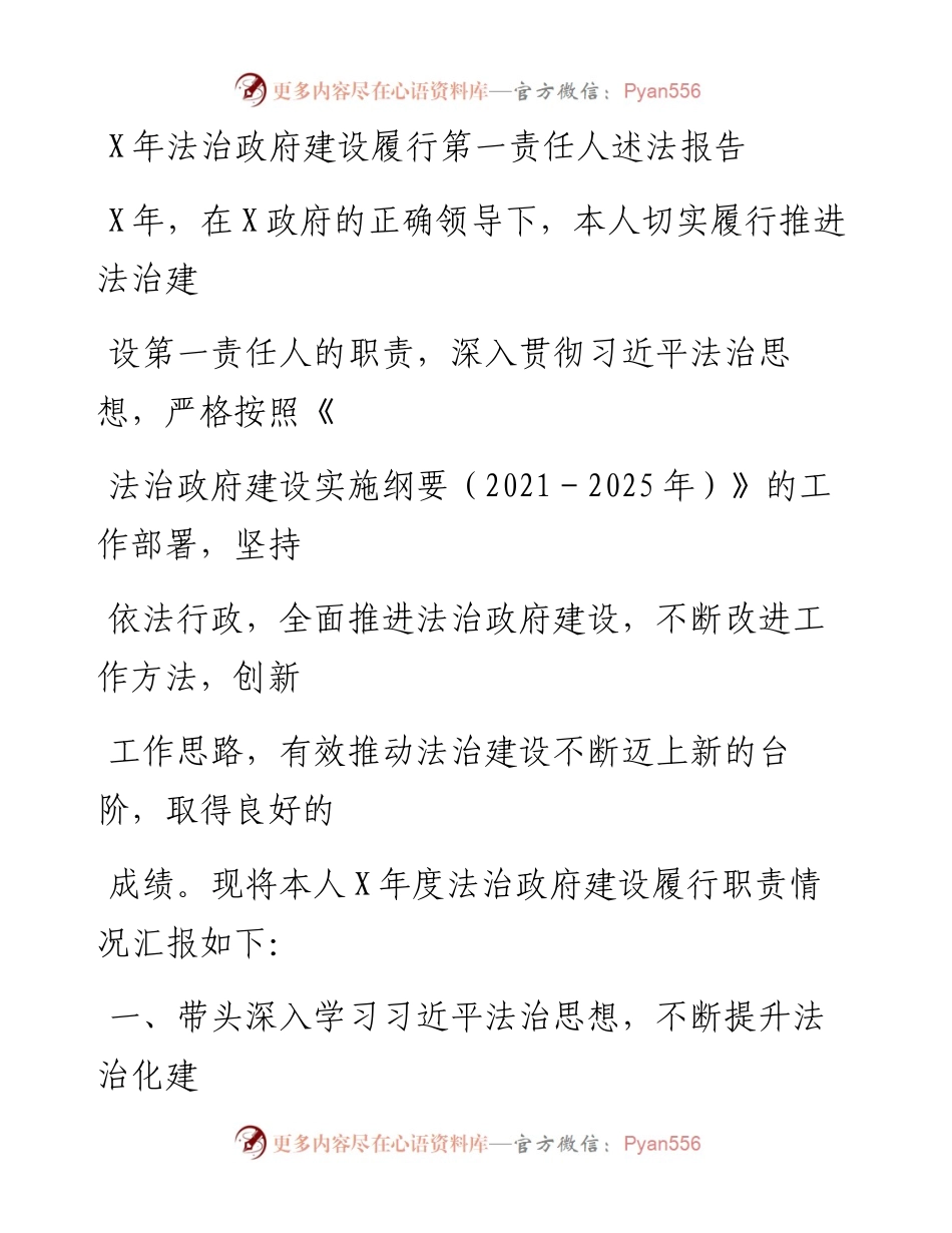 20230329：X年法治政府建设履行第一责任人述法报告.docx_第1页
