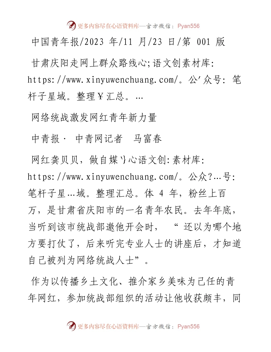 2023.11.23中青报·中青网记者马富春：网络统战激发网红青年新力量——“政论文微博号”整理.docx_第1页