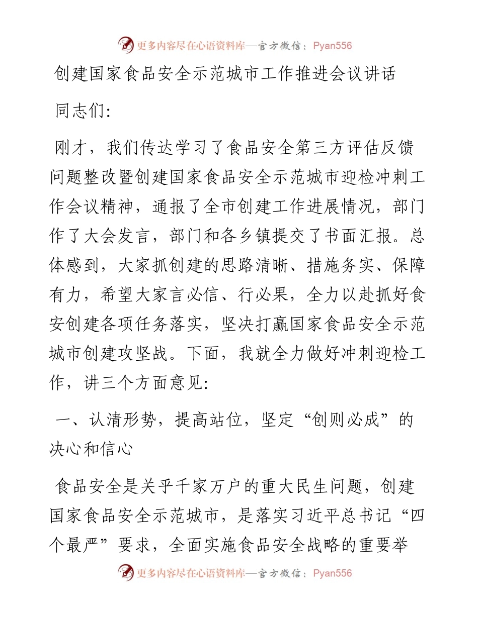 20230308：创建国家食品安全示范城市工作推进会议讲话.docx_第1页