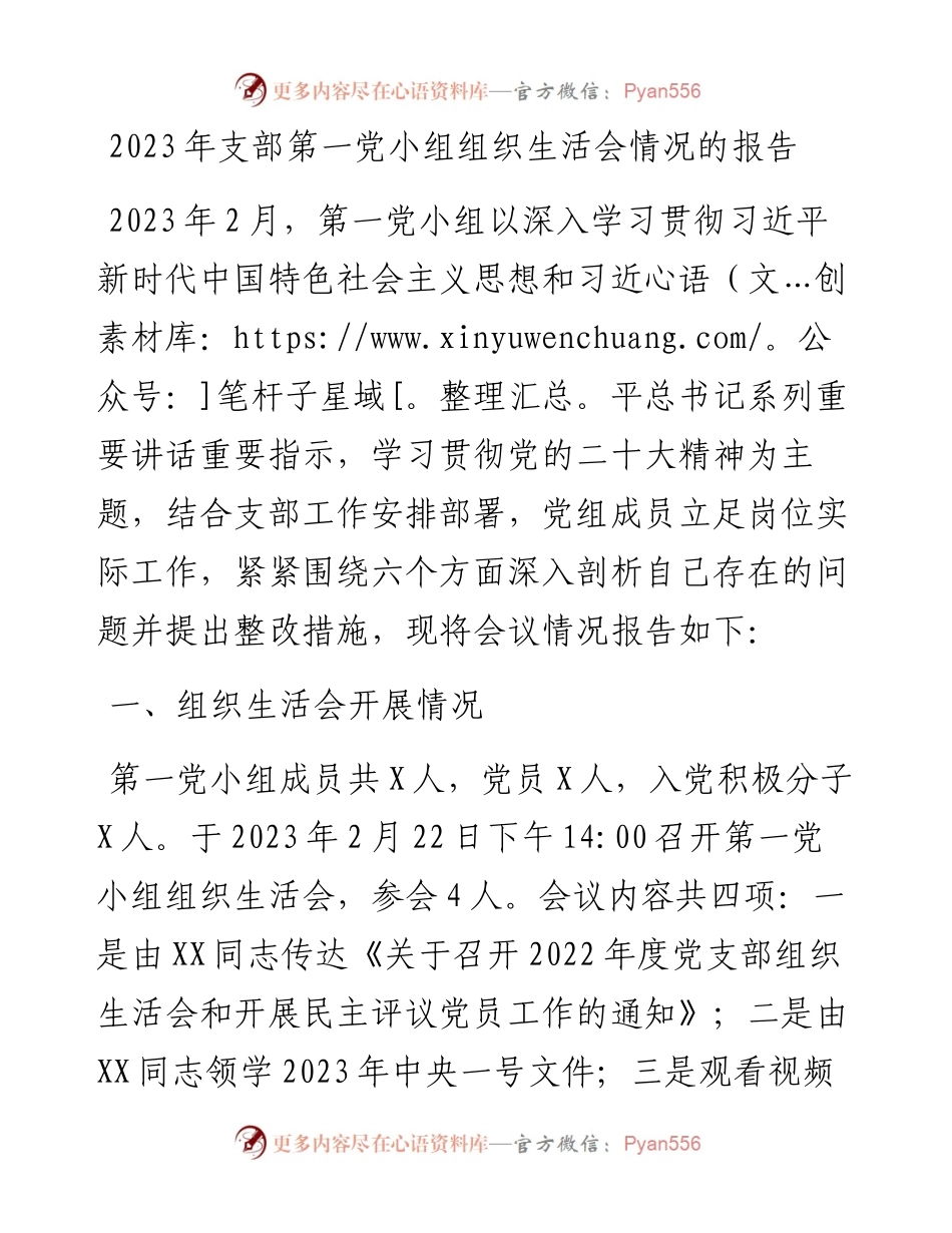2023年支部第一党小组组织生活会情况的报告.docx_第1页