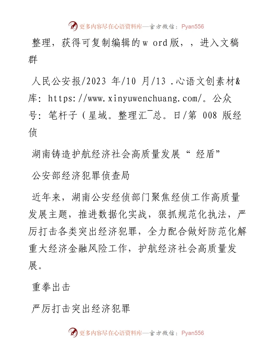 2023.10.13公安部经济犯罪侦查局：湖南铸造护航经济社会高质量发展经盾.docx_第1页