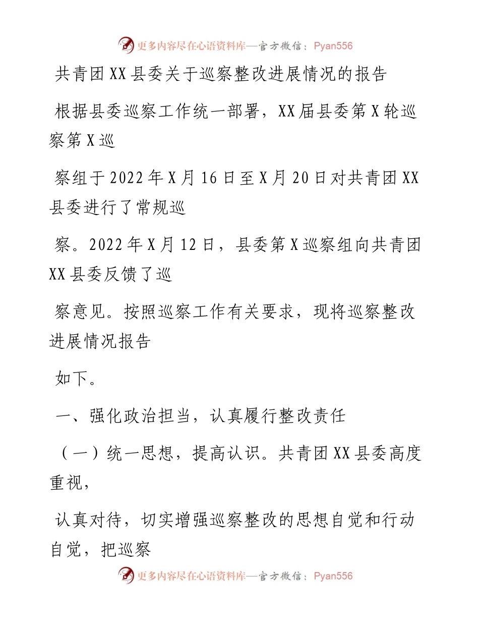 20230406：共青团XX县委关于巡察整改进展情况的报告.docx_第1页
