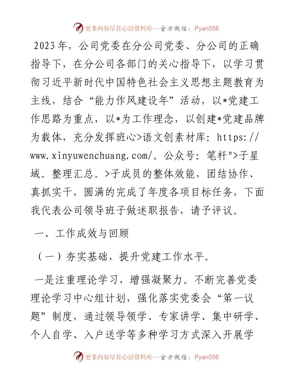 2023年度公司党委领导班子述职述廉述责报告.docx_第1页
