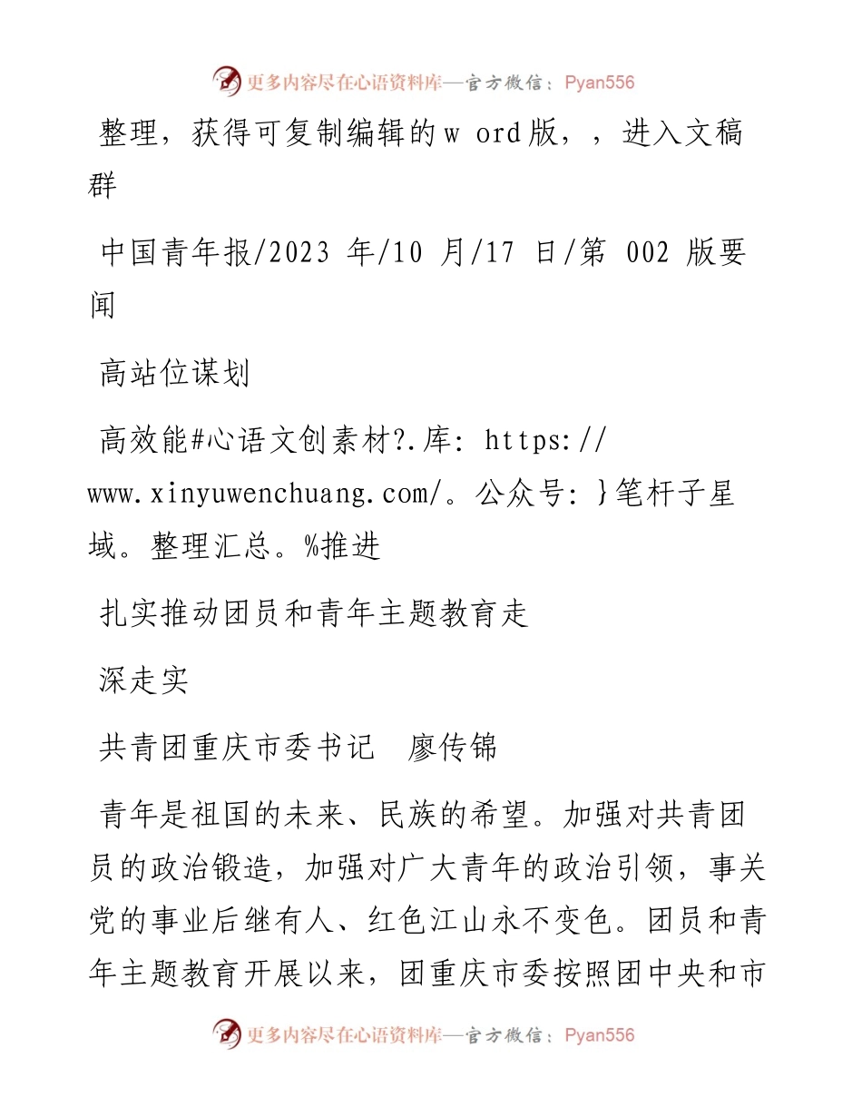 2023.10.17共青团重庆市委书记廖传锦：高站位谋划高效能推进扎实推动团员和青年主题教育走深走实.docx_第1页