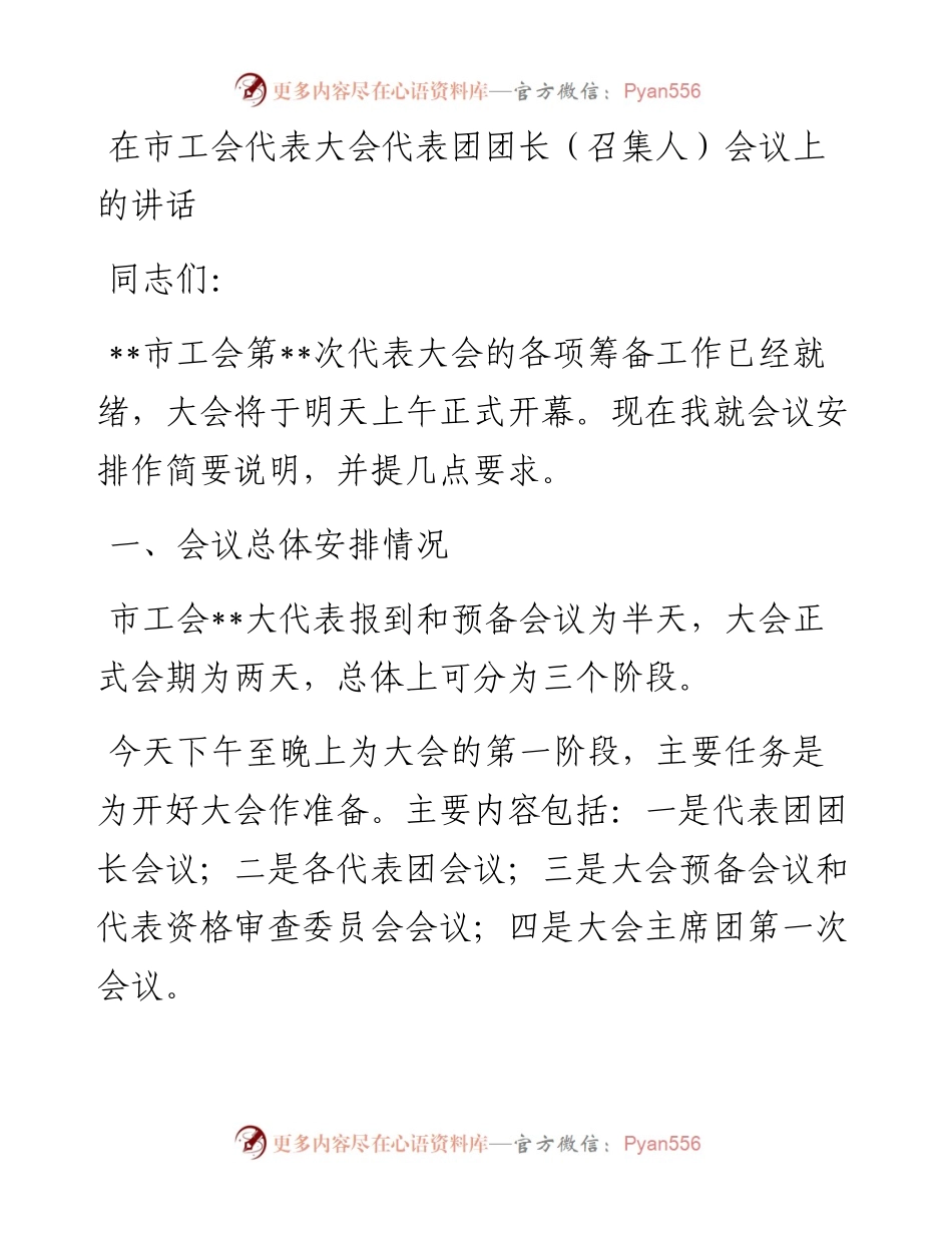 20230403：在市工会代表大会代表团团长（召集人）会议上的讲话.docx_第1页