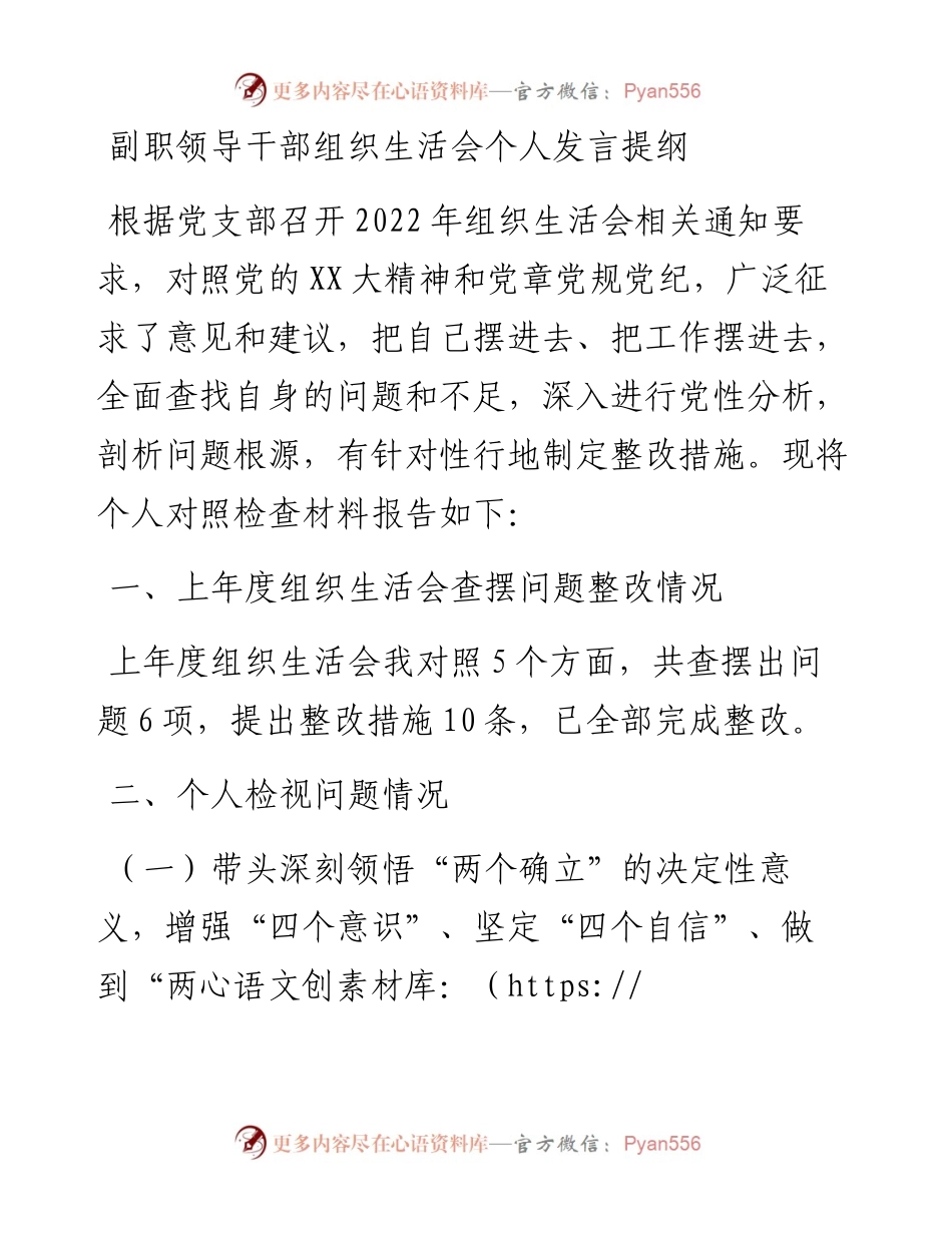 20230308：副职领导干部组织生活会个人发言提纲.docx_第1页