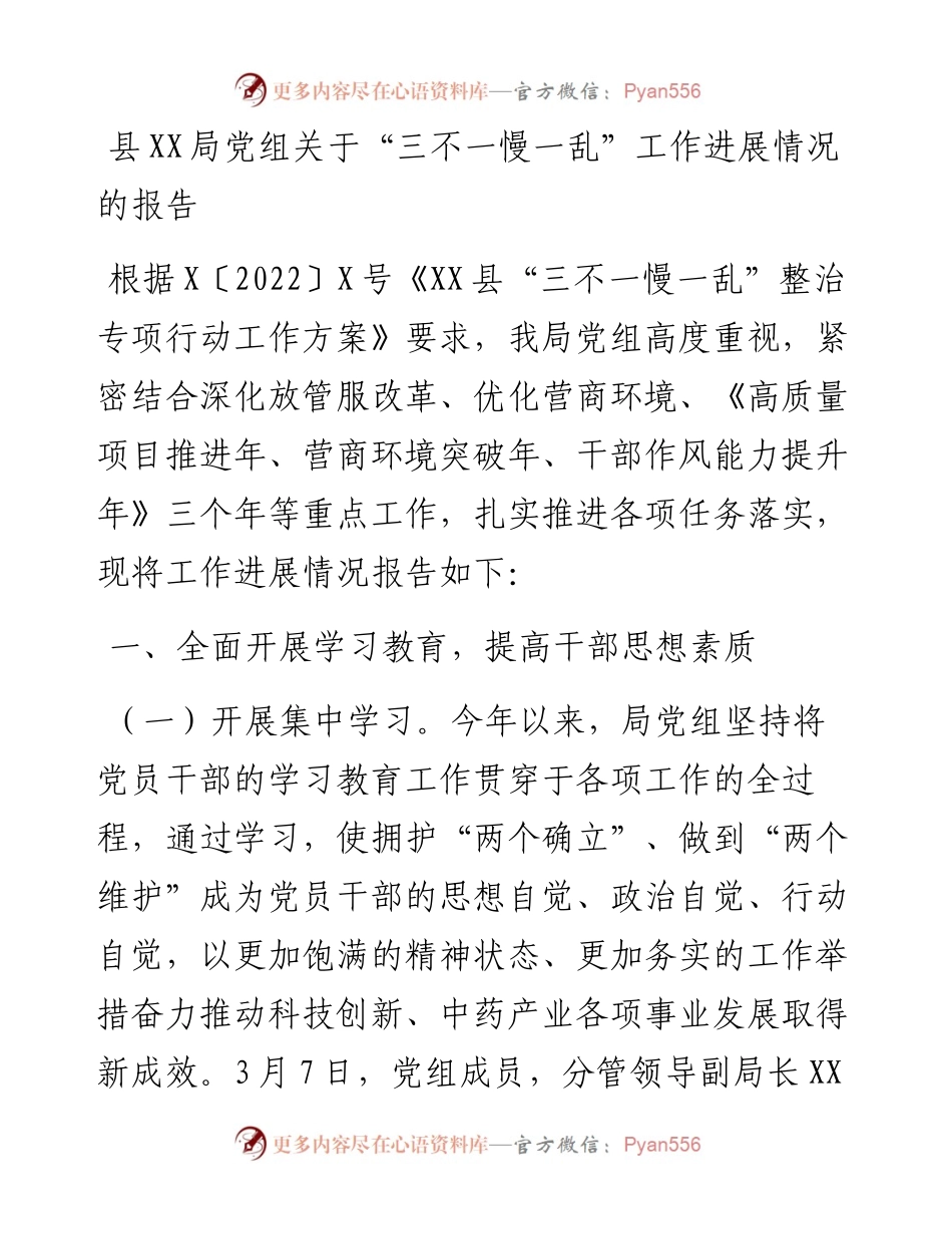20230421：县XX局党组关于三不一慢一乱工作进展情况的报告.docx_第1页