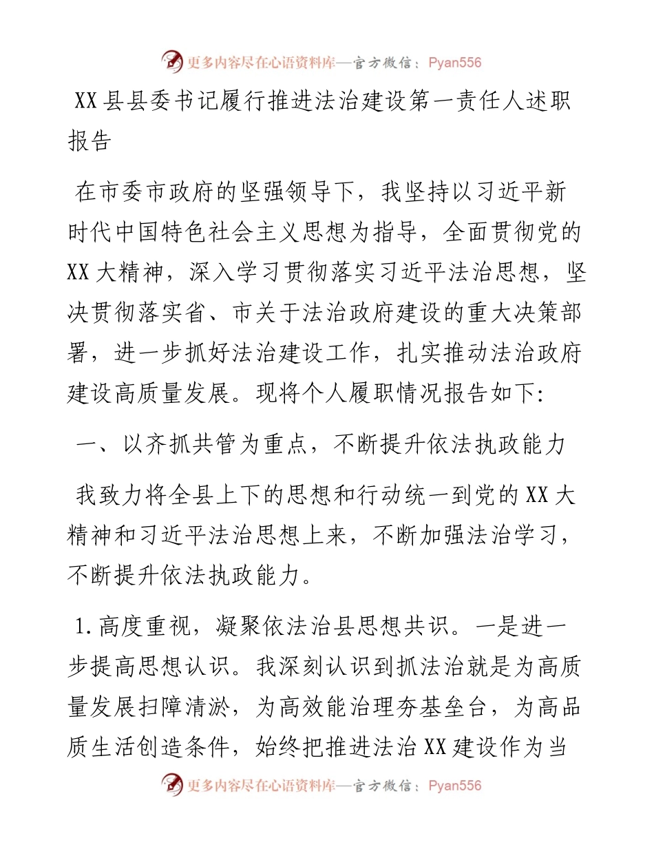 20230311：XX县县委书记履行推进法治建设第一责任人述职报告.docx_第1页