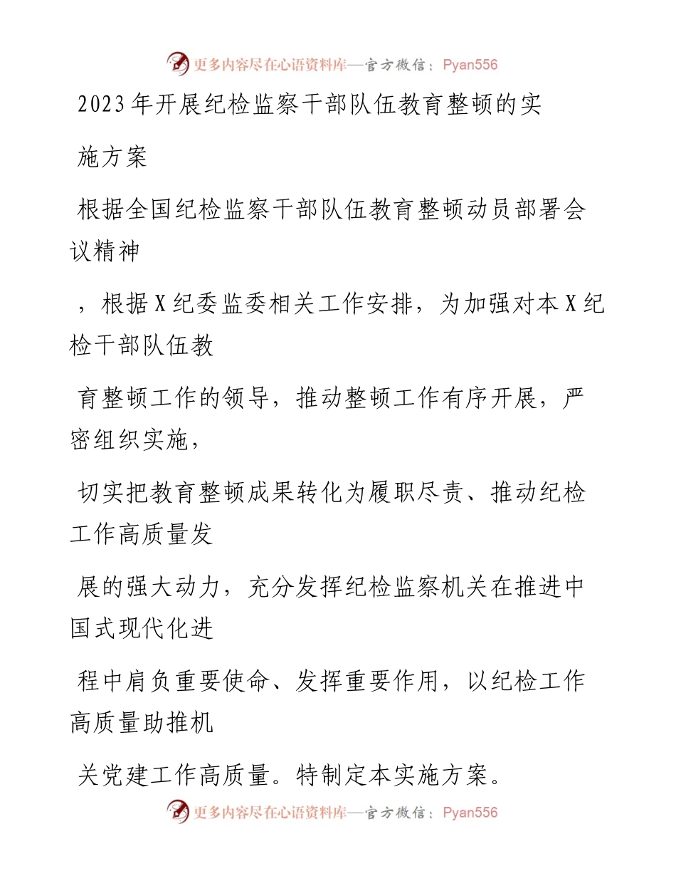 20230329：2023年开展纪检监察干部队伍教育整顿的实施方案.docx_第1页