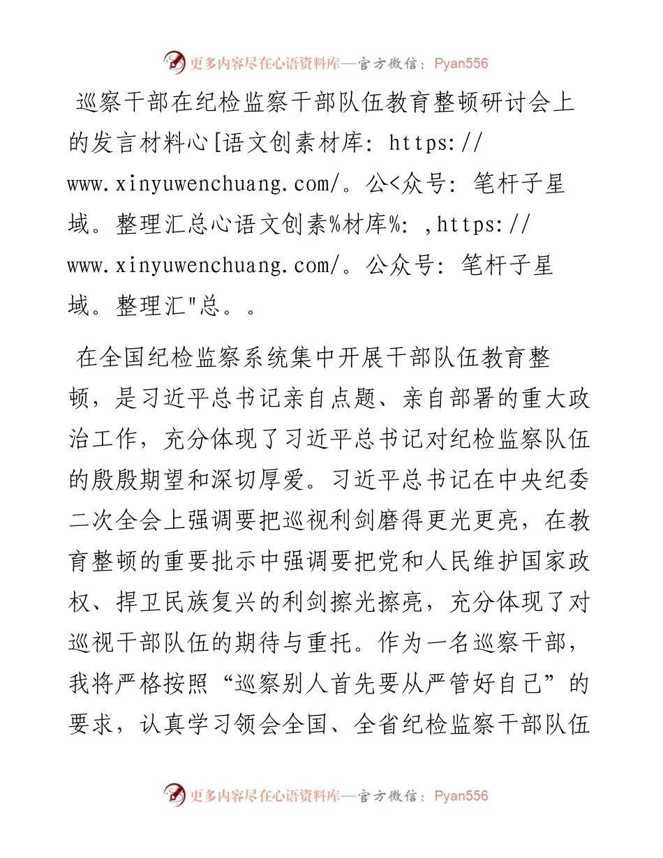 20230322：巡察干部在纪检监察干部队伍教育整顿研讨会上的发言材料.docx_第1页