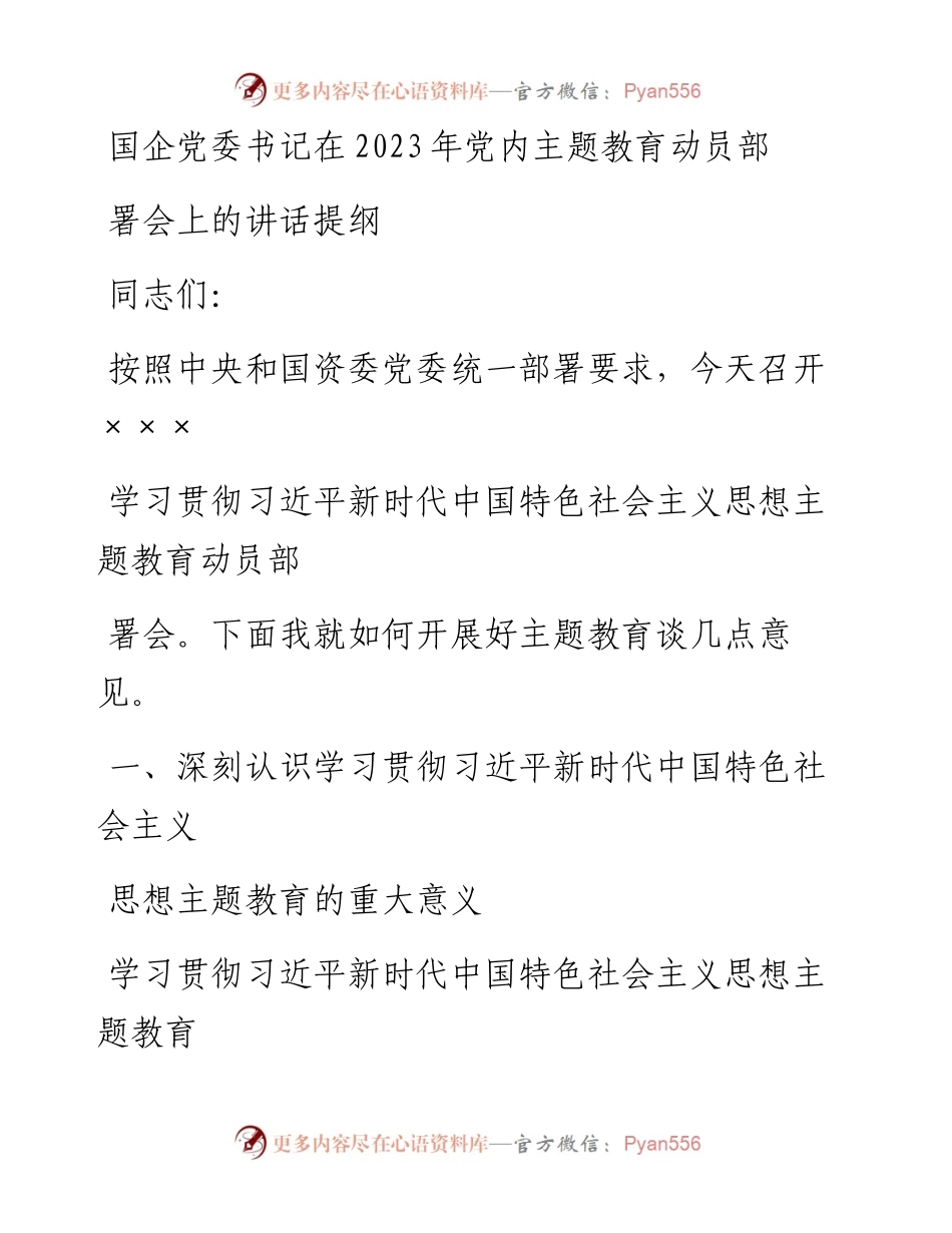 20230407：国企党委书记在2023年党内主题教育动员部署会上的讲话提纲.docx_第1页
