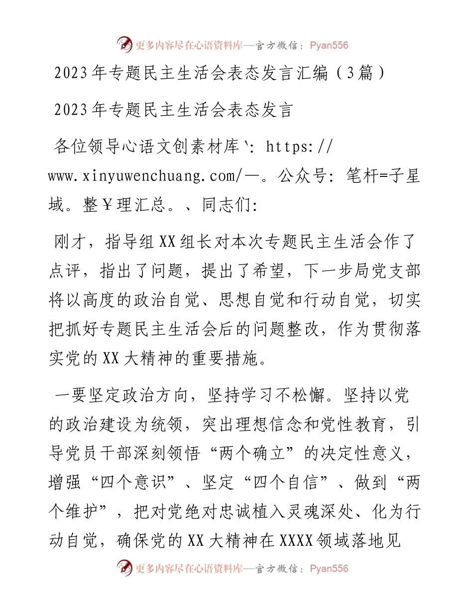 2023年专题民主生活会表态发言汇编（3篇）.docx_第1页