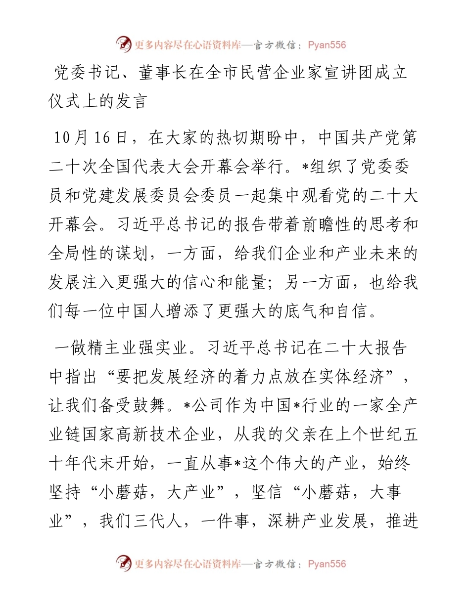 20230322：党委书记、董事长在全市民营企业家宣讲团成立仪式上的发言.docx_第1页