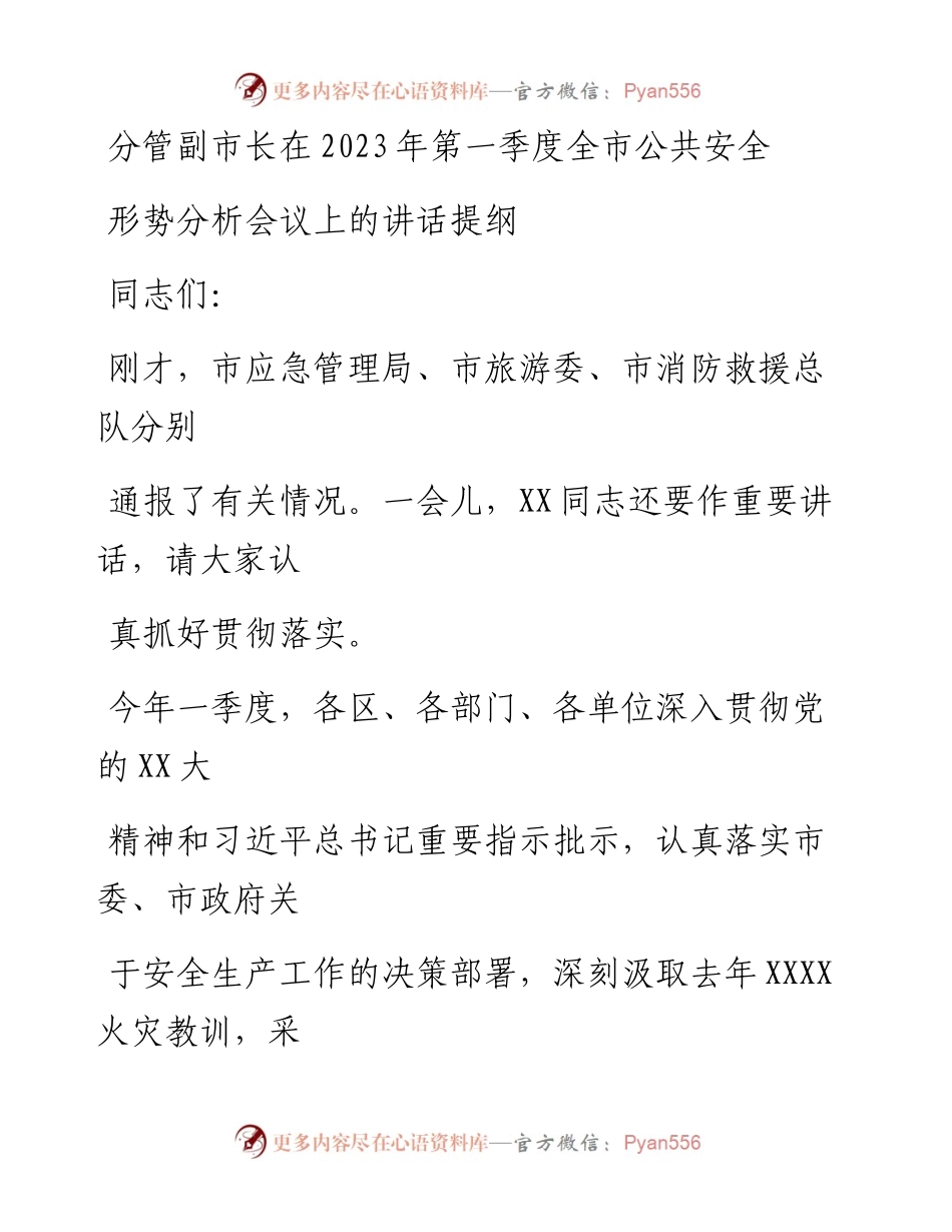 20230328：分管副市长在2023年第一季度全市公共安全形势分析会议上的讲话提纲.docx_第1页