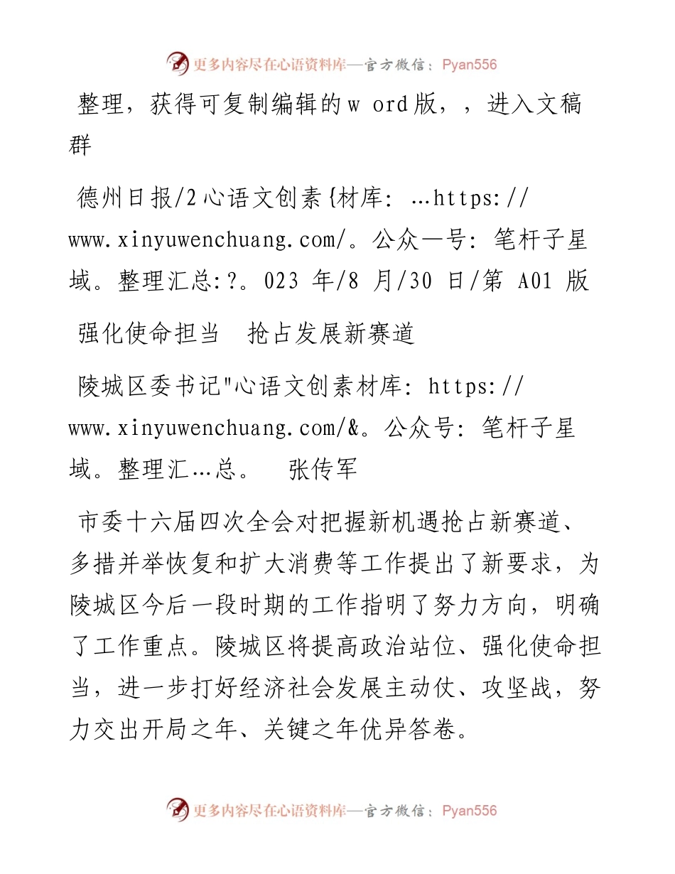 2023.08.30陵城区委书记张传军：强化使命担当抢占发展新赛道.docx_第1页